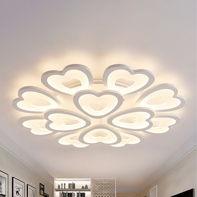 Heart Acrylic Shade Flush Mount Light for Bedroom - White Ceiling Lamp in Warm/White/Natural Light - 9/12/15 Lights