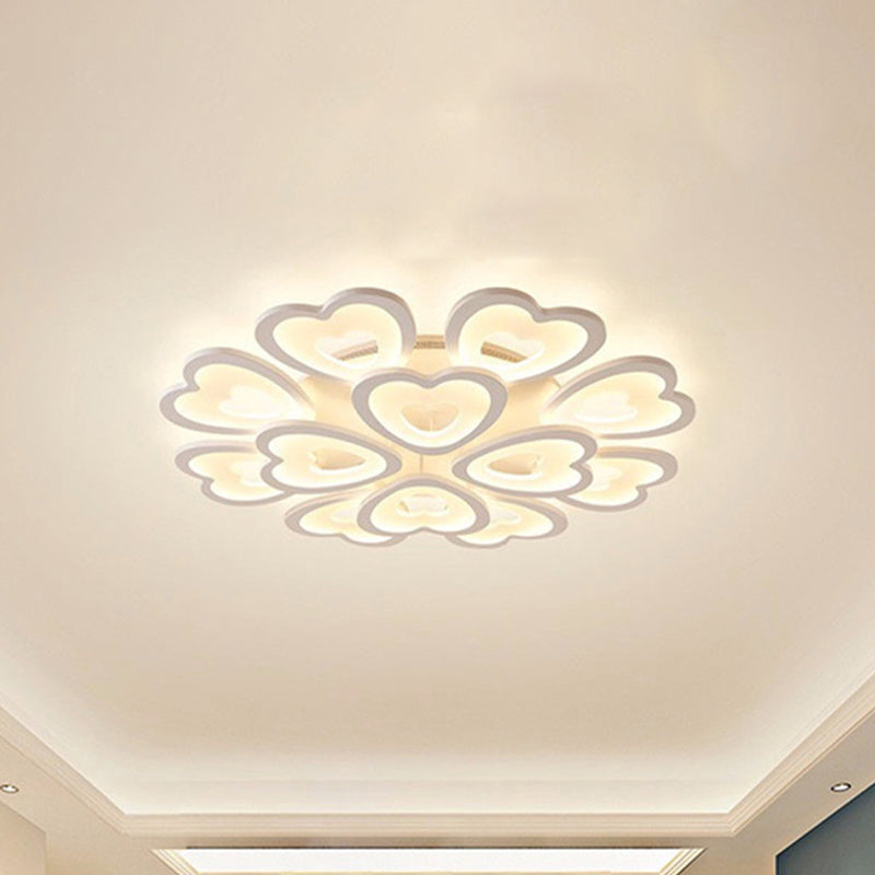 Heart Acrylic Shade Flush Mount Light for Bedroom - White Ceiling Lamp in Warm/White/Natural Light - 9/12/15 Lights