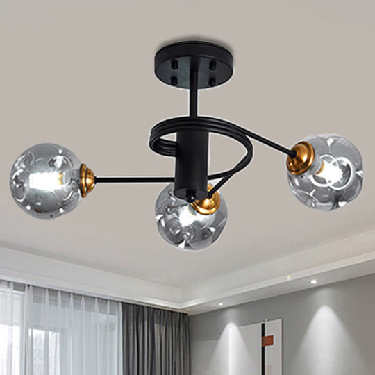 Modernist Black Semi Flush Ceiling Light With 3/5 Ball Amber/Smoke Blown Glass Shades