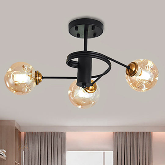 Modernist Black Semi Flush Ceiling Light With 3/5 Ball Amber/Smoke Blown Glass Shades