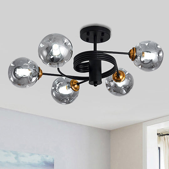 Modernist Black Semi Flush Ceiling Light With 3/5 Ball Amber/Smoke Blown Glass Shades