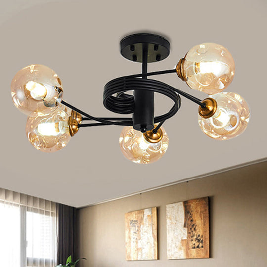 Modernist Black Semi Flush Ceiling Light With 3/5 Ball Amber/Smoke Blown Glass Shades 5 / Amber