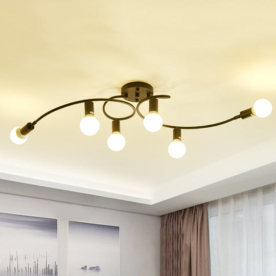 Contemporary 6-Light Semi Flush Light Fixture with Curved Arm and Opal Glass Shade