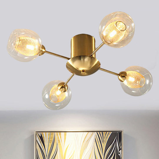 Modernist Gold LED Semi Flush Mount Ceiling Lamp with Clear Ribbed Glass Shade - 4/6 Lights