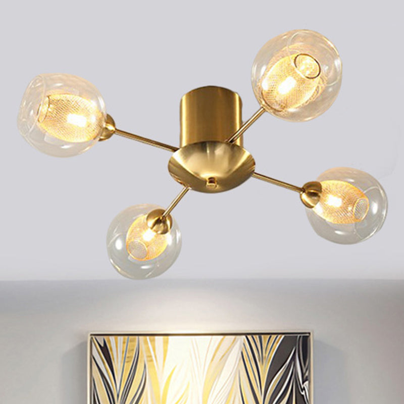 Modernist Gold Led Semi Flush Mount Ceiling Lamp With Clear Ribbed Glass Shade - 4/6 Lights 4 /