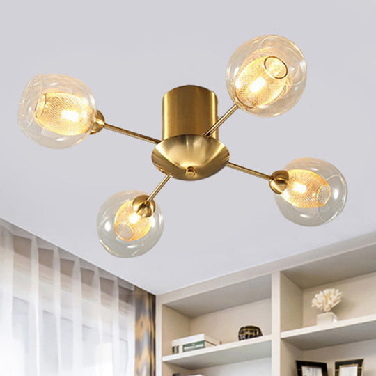 Modernist Gold LED Semi Flush Mount Ceiling Lamp with Clear Ribbed Glass Shade - 4/6 Lights