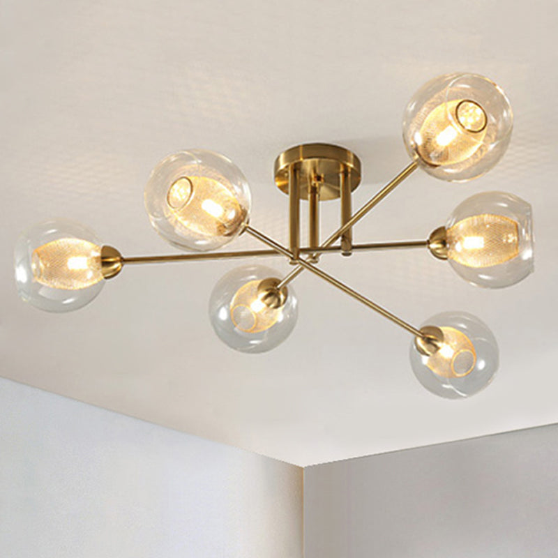 Modernist Gold LED Semi Flush Mount Ceiling Lamp with Clear Ribbed Glass Shade - 4/6 Lights