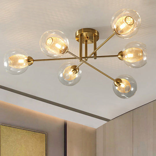 Modernist Gold LED Semi Flush Mount Ceiling Lamp with Clear Ribbed Glass Shade - 4/6 Lights