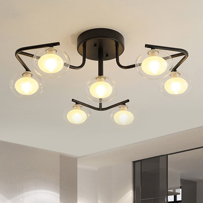 Modern Clear Glass Global Semi Flush Mount With Multiple Rod Design - 7/9 Lights Led Black Lamp