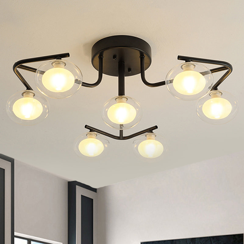 Modern Clear Glass Global Semi Flush Mount With Multiple Rod Design - 7/9 Lights Led Black Lamp