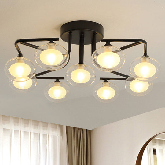 Modern Clear Glass Global Semi Flush Mount with Multiple Rod Design - 7/9 Lights LED Black Lamp Fixture