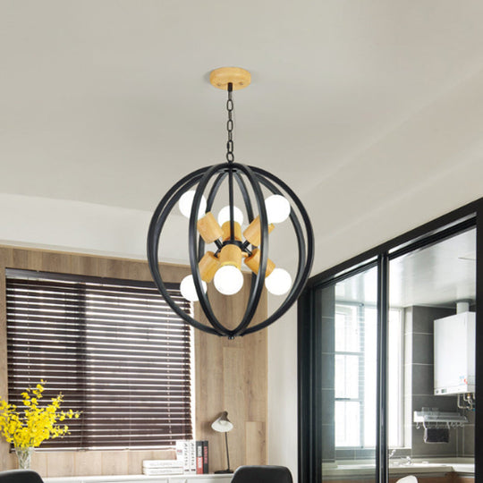 Nordic Wood Globe Chandelier Pendant Light - Led Black/White Ideal For Bedroom