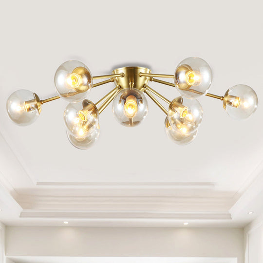 Modern Starburst Semi Flush Brass Light Fixture with Clear Glass