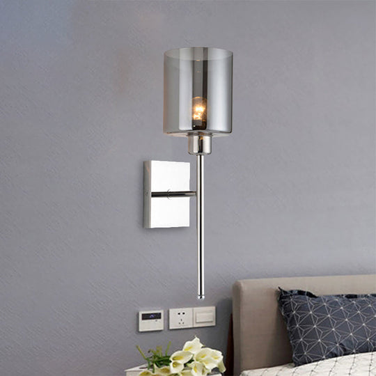 Modern Beige/Chrome Cylindrical Sconce With 1 Light Smoke/Clear Glass Wall Mount - Switch Options