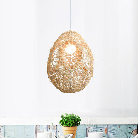 Rustic Rattan Egg Pendant Light For Restaurants - Single Bulb Hanging Lamp In Beige