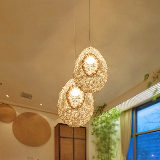 Rustic Rattan Egg Pendant Light For Restaurants - Single Bulb Hanging Lamp In Beige