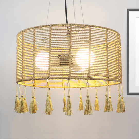 Modernist Style Rattan Pendant Lamp - 12/16 Wide Drum Shade Beige 1/3-Light Tassel Detail