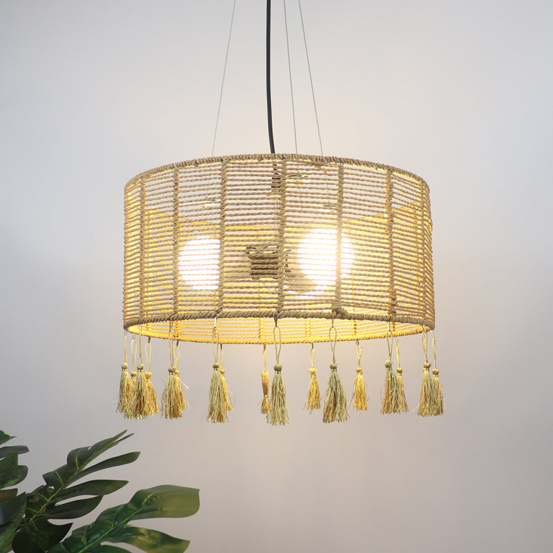 Modernist Style Rattan Pendant Lamp - 12/16 Wide Drum Shade Beige 1/3-Light Tassel Detail