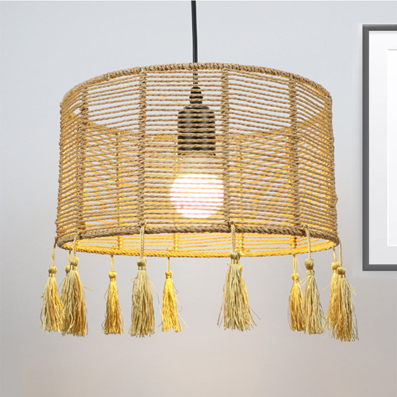 Modernist Style Rattan Pendant Lamp - 12/16 Wide Drum Shade Beige 1/3-Light Tassel Detail