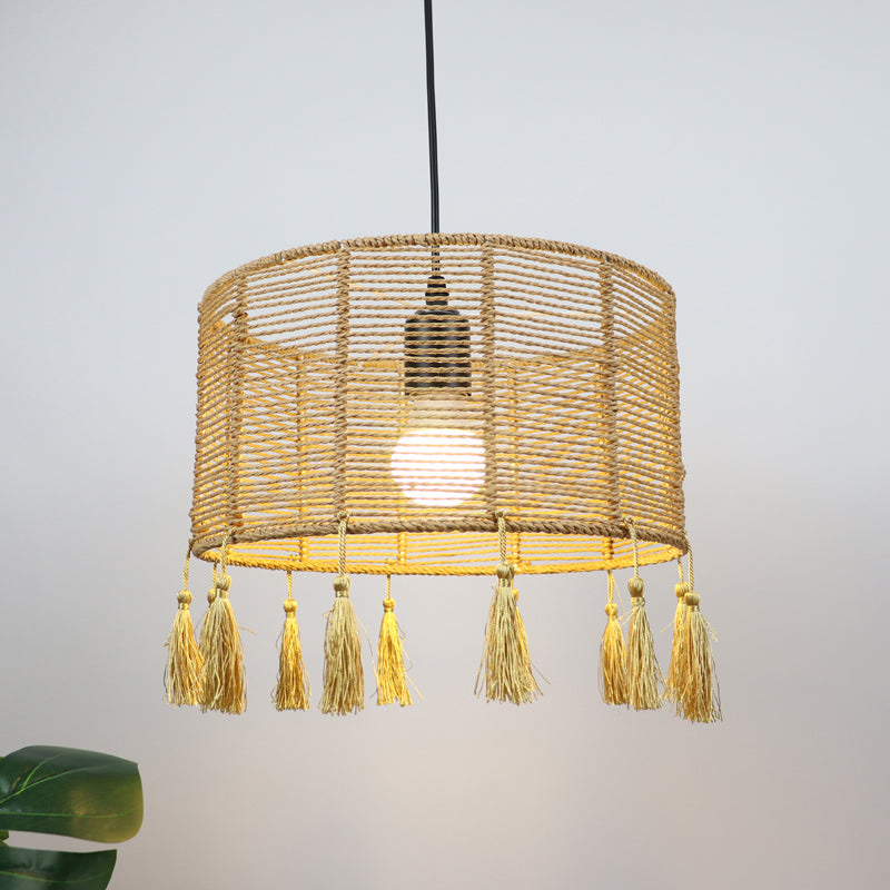 Modernist Style Rattan Pendant Lamp - 12/16 Wide Drum Shade Beige 1/3-Light Tassel Detail