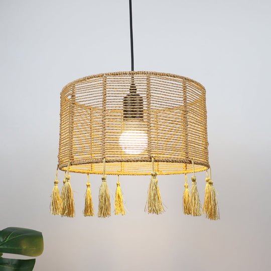 Modernist Style Rattan Pendant Lamp - 12/16 Wide Drum Shade Beige 1/3-Light Tassel Detail