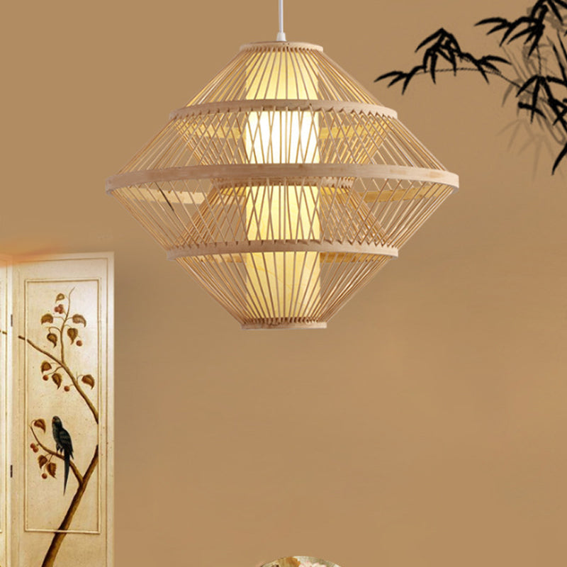 16/19.5 Asian Style Bamboo Weaving Pendant Lamp - 1 Light Beige Fixture For Living Room