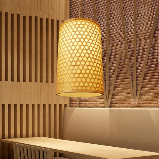 Modern Bamboo Pendant Lamp For Dining Room - Cylindrical Hanging Ceiling Light 1 Head Beige