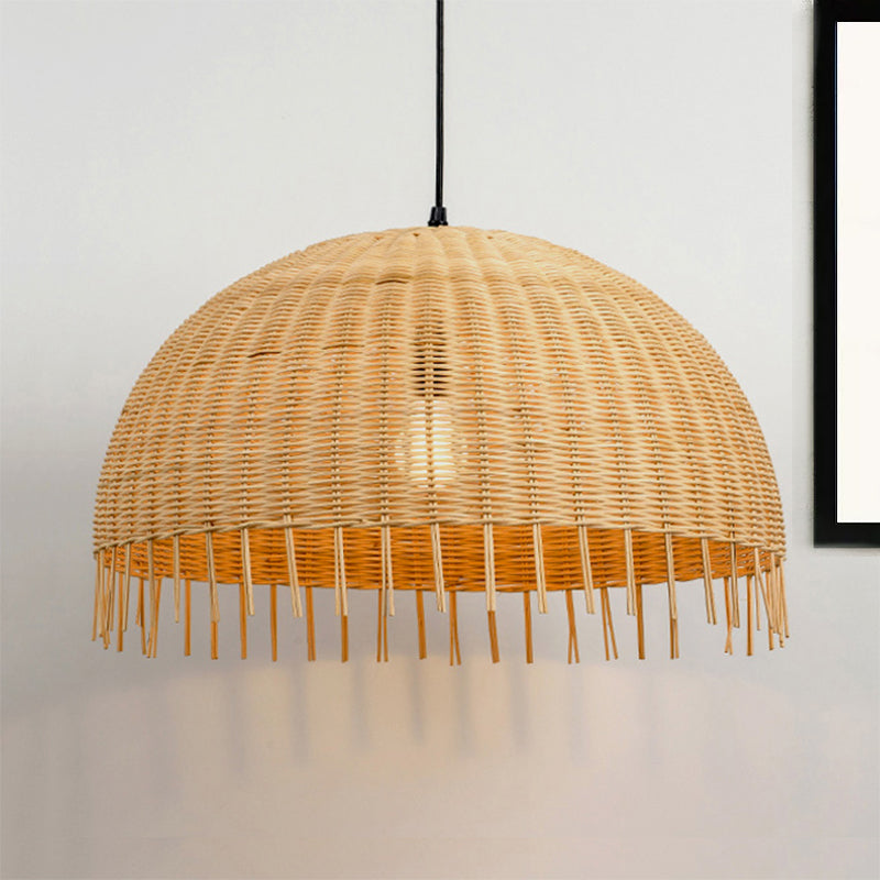 Modern Beige Hand-Woven Rattan Pendant Light With Dome Shade - 12/16 W 1 Head Hanging Lamp