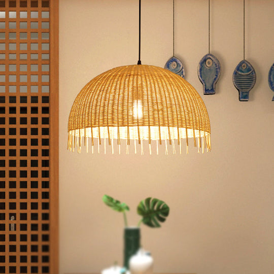 Modern Beige Hand-Woven Rattan Pendant Light With Dome Shade - 12/16 W 1 Head Hanging Lamp