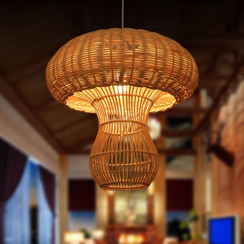 1-Light Asian Style Hallway Hanging Pendant Light With Rattan Mushroom Shade - Brown/Beige