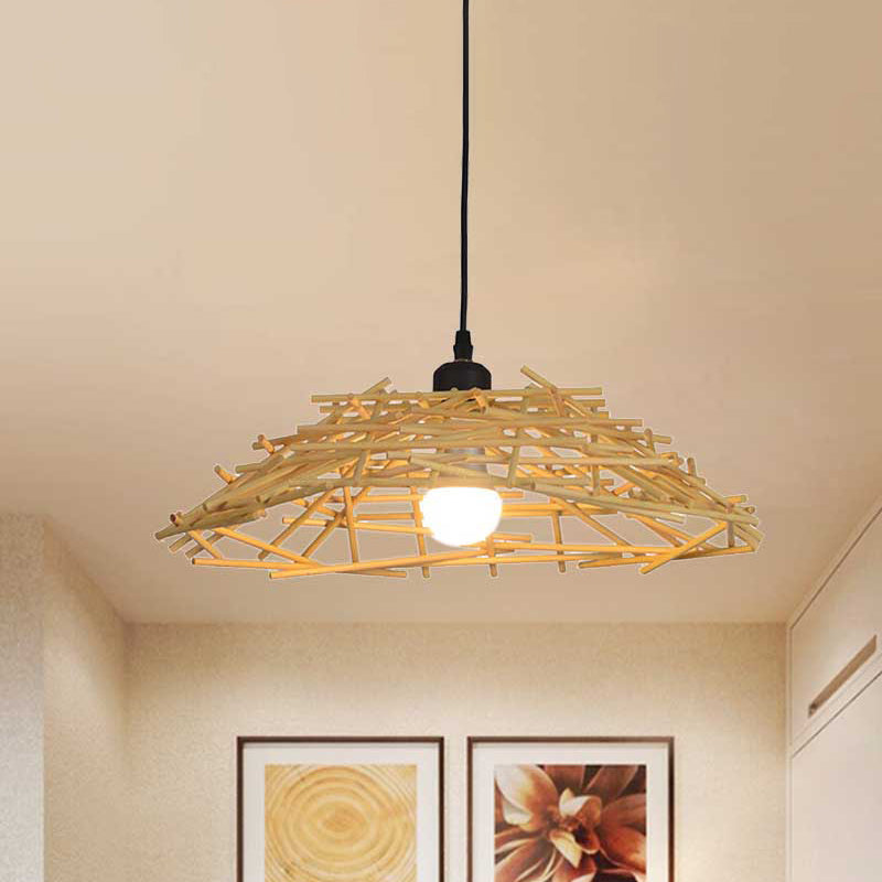 Japanese Bamboo Bird Nest Pendant Light - 13"/18" Wide Wood Suspension Lamp for Bedroom and Dining Room