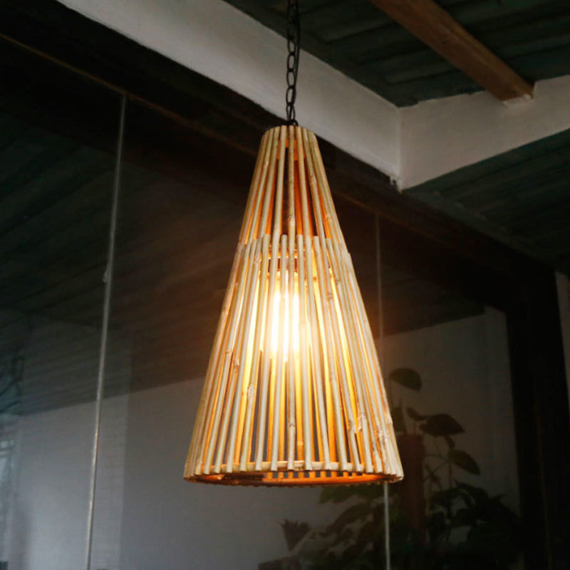 Vintage Bamboo Stick Cone Pendant Light - Natural Wood Suspension Lamp With Adjustable Chain