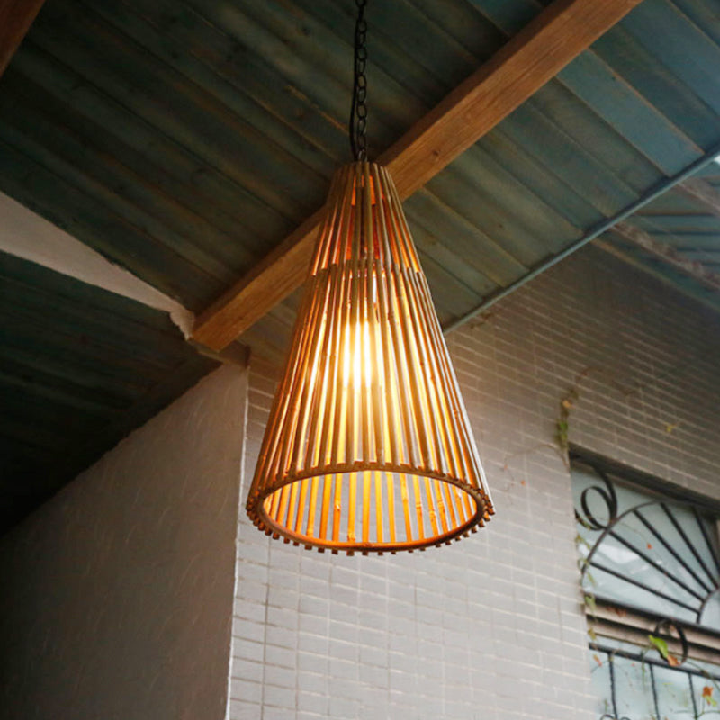 Vintage Bamboo Cone Pendant Light - Natural Wood Suspension Lamp with Adjustable Chain