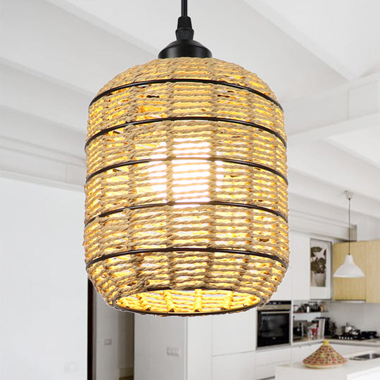 Asian Woven Rattan Lantern Suspension Pendant - Beige Single Light Lamp For Bedroom