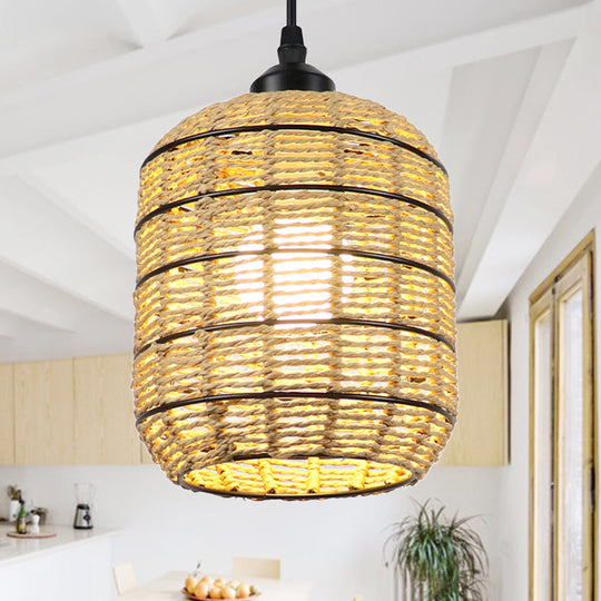 Asian Woven Rattan Lantern Suspension Pendant - Beige Single Light Lamp For Bedroom