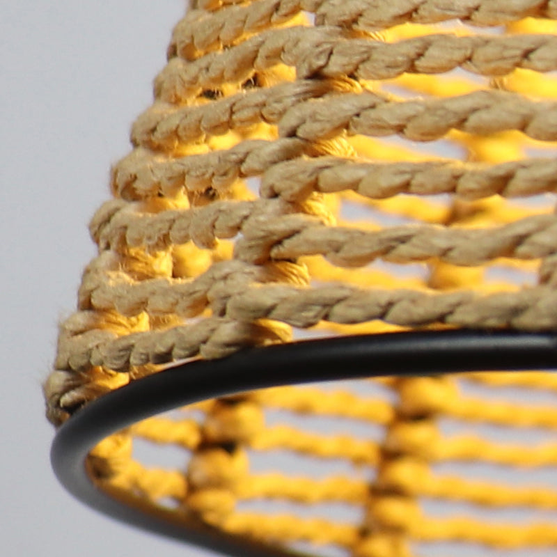 Chinese Straw Rope Barrel Metal Cage Hanging Lamp - 1-Light Beige Drop Ceiling Light Ideal For