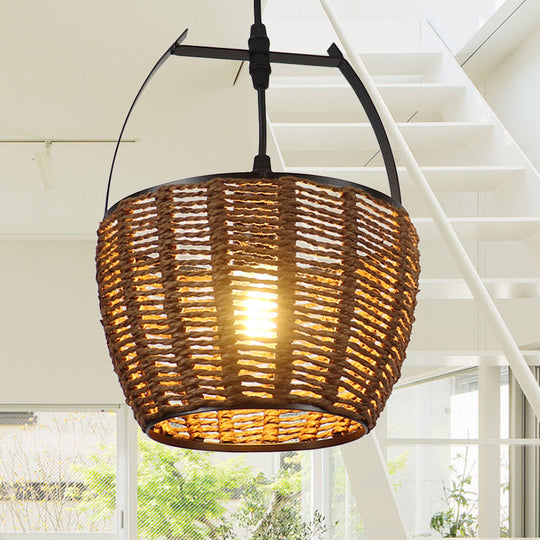 Rustic Hand-Woven Rattan Bucket Pendant Light - One Bulb Hanging Lamp In Brown For Living Room