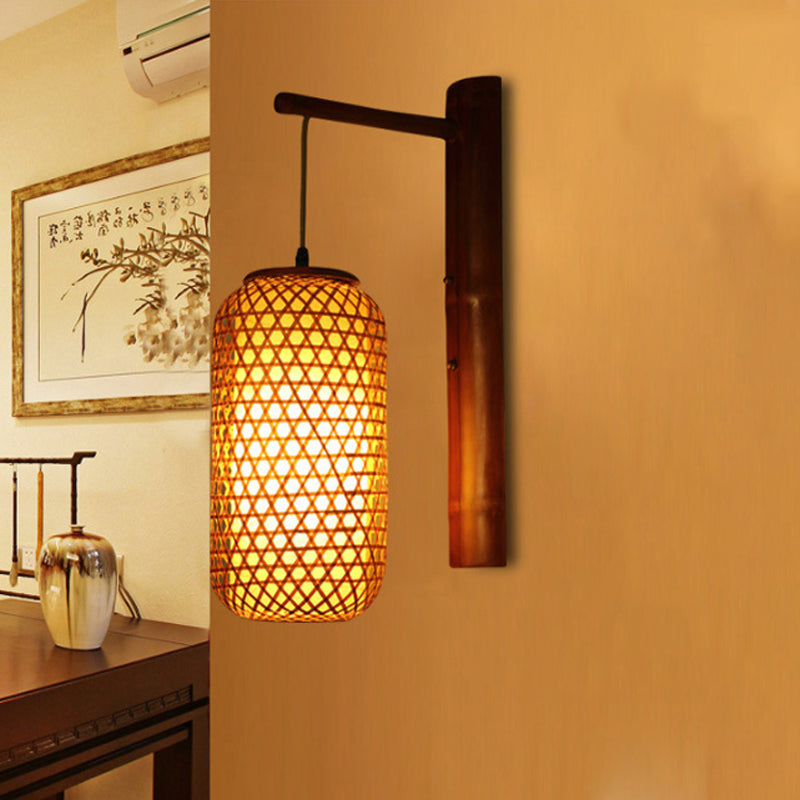 Hand-Knitted Asian Bamboo Wall Lamp: 1-Light Beige Sconce Fixture With Lantern Design For Hallway