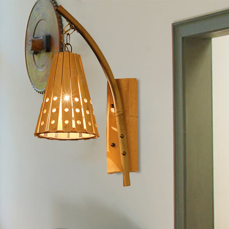 Wood Wall Lamp With Bamboo Cone Shade & Lodge Style Hollow Design - Perfect For Bedroom (Left/Right)