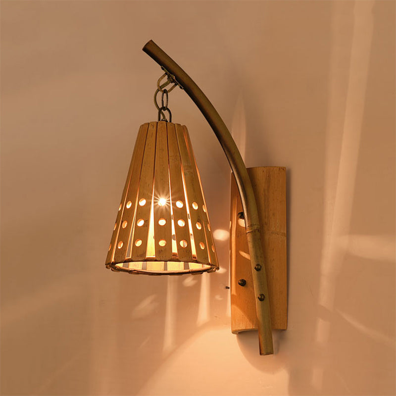 Wood Wall Lamp With Bamboo Cone Shade & Lodge Style Hollow Design - Perfect For Bedroom (Left/Right)