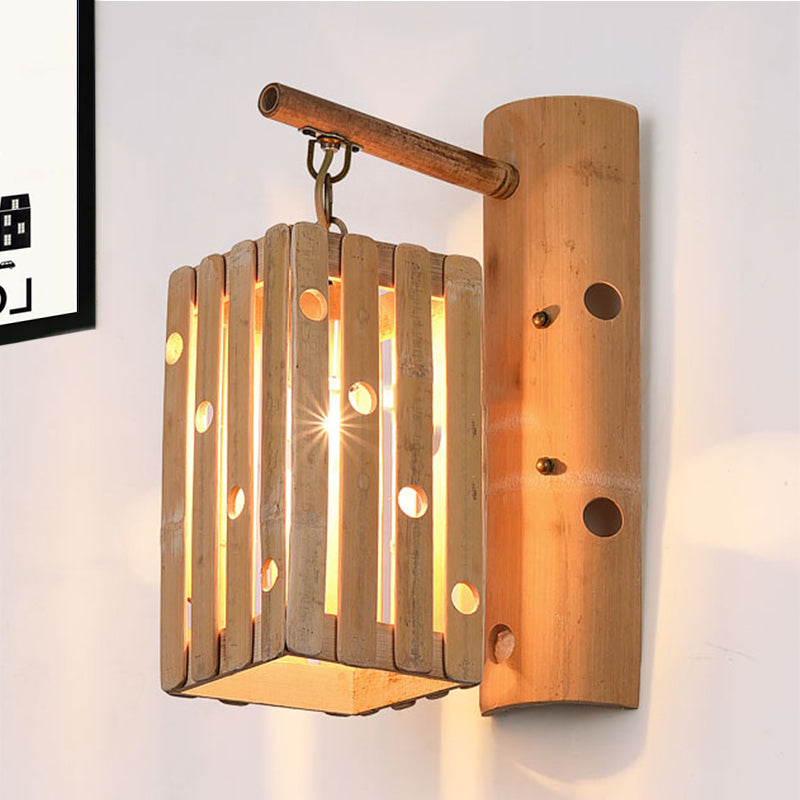 Countryside Bamboo Wood Wall Lamp With Pierced Design - 1-Light Rectangular Lighting For Bedroom