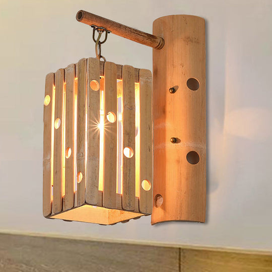 Countryside Bamboo Wood Wall Lamp With Pierced Design - 1-Light Rectangular Lighting For Bedroom