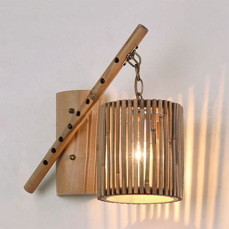 Bamboo Cylindrical Shade Wall Sconce - Asian Style 1 Light Wood Lamp With Flute Decoration