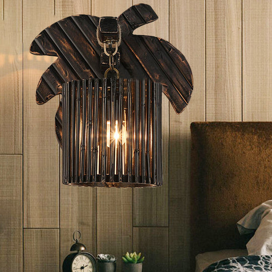 Stylishly Modern Black Cylindrical Wall Light With Bamboo Lamp And Wooden Leaf Backplate