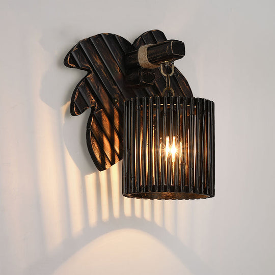 Stylishly Modern Black Cylindrical Wall Light With Bamboo Lamp And Wooden Leaf Backplate