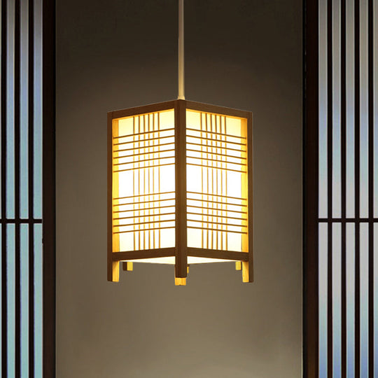 Japanese Natural Wood Pendant Lamp - 6/8.5 Wide Square Hanging Lantern Light For Foyer Dining Room