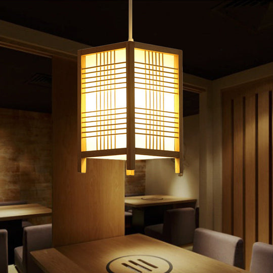 Japanese Natural Wood Pendant Lamp - 6/8.5 Wide Square Hanging Lantern Light For Foyer Dining Room