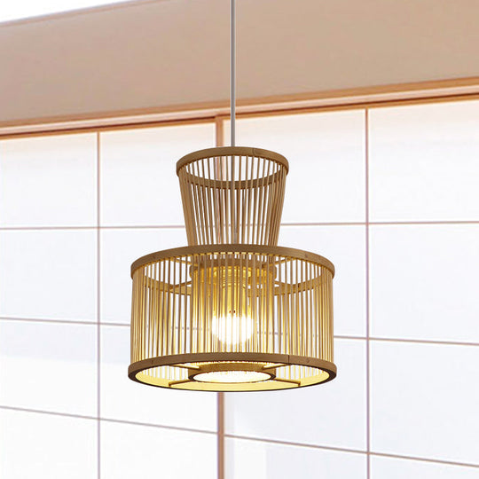 Countryside Bamboo 2-Tier Drum Hanging Light - 1 Beige Pendant Ceiling For Bedroom