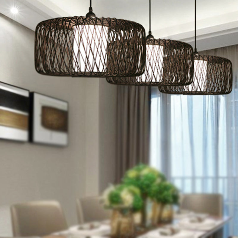 1-Light Restaurant Hanging Bamboo Drum Pendant Lamp, 16"/23.5" Wide, Black Shade Fixture