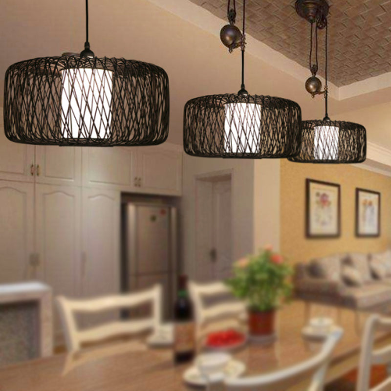 1-Light Restaurant Hanging Bamboo Drum Pendant Lamp, 16"/23.5" Wide, Black Shade Fixture